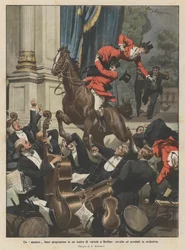 Eine außerplanmäßige Nummer in einem Varietétheater in Berlin, Pferd und Akrobaten im Orchester